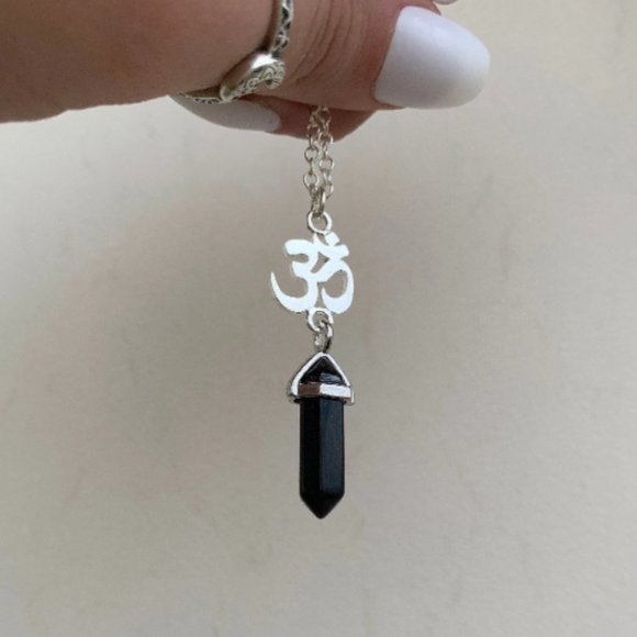 Obsidian Point Om Symbol Sterling Silver Pendant, Protection Stone, Grounding - Picture 4 of 4
